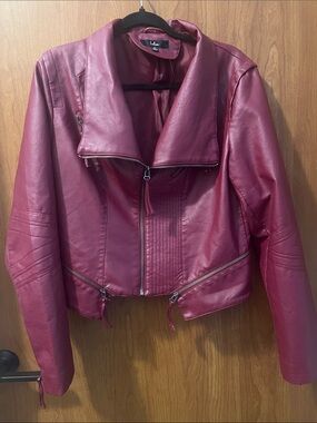 Lulu's Burgundy Faux Leather Moto Jacket with Zipper Accents